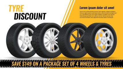 Tires discount. Realistic black rubber tyre with shining disk advertisement flyer, banner, car tire promo poster retail vector concept