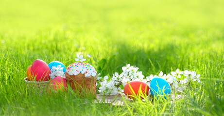 easter holiday concept. Easter cake (orthodox kulich), flowers and painted eggs. festive Easter traditional scene. copy space