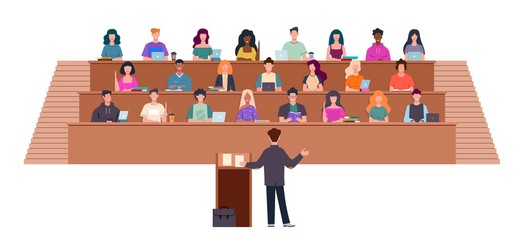 Students in lecture hall. Learning process in university, students and teacher in auditorium, professor in seminar, education vector concept