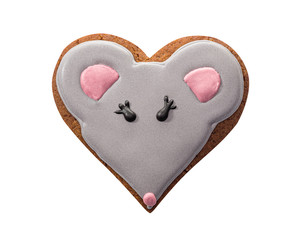 Gingerbread ginger Mouse. Isolated on a white. In the shape of a heart.