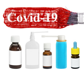 The inscription Covid-19, Chinese coronavirus. Red paint. Medicines, sprays, drops, potions. Isolated on a white.