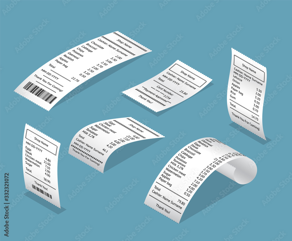 Aufkleber paper print check receipts bill 3d icon set isometric view. vector