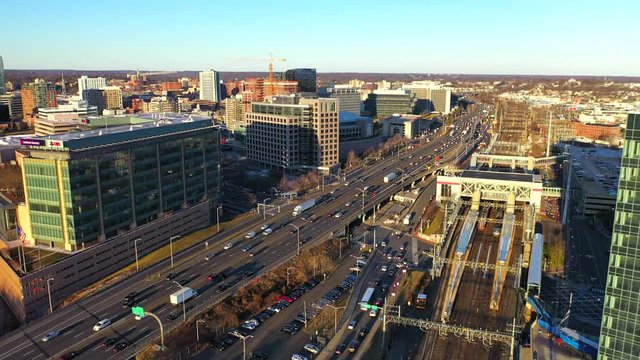 Pan Left Shot of the Stamford, CT City Skyline