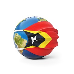Earth Globe in a medical mask with flag of East Timor East Timorese isolated on white background. Global epidemic of Chinese coronavirus concept.