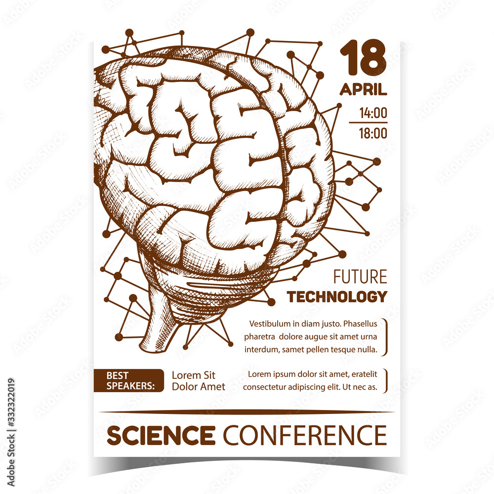 Sticker Science Conference Promo Advertising Poster Vector. Brain Anatomical Human Organ Medical Science. People Organism Concept Template Hand Drawn In Vintage Style Monochrome Illustration