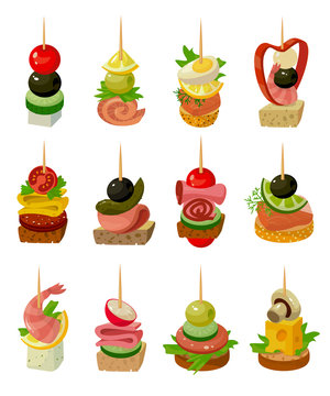 Canape of food vector illustration on white background. Isolated cartoon set icon appetizer. Vector cartoon set icon canape of food.