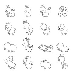 Set of 16 cute animals. Outlined animals isolated on white background. Vector 8 EPS