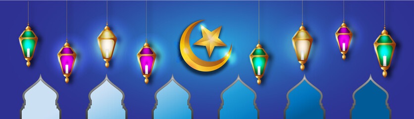 Ramadan Kareem design with 3D Hanging lamp islamic, cresent moon
