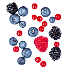 Sweet mix  berries isolated on white background, top view. Berry border frame. Flat lay.