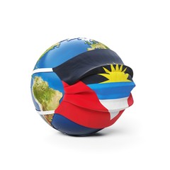 Earth Globe in a medical mask with flag of Antiguan Antigua and Barbuda isolated on white background. Global epidemic of Chinese coronavirus concept.