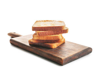 Slices of toasted bread on white background