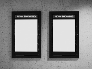 Mock up poster frame on wall. Cinema Now showing movie Poster in Movie theatre - 332323095