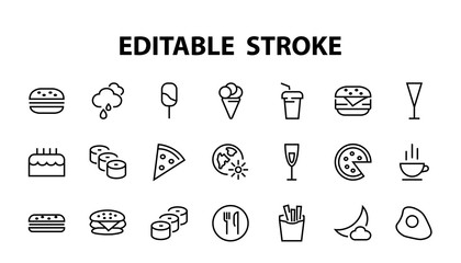   A simple set of fast food icons related to the vector line. Contains icons such as pizza, burger, sushi, bike, scrambled eggs and more. EDITABLE stroke. 480x480 pixels perfect, EPS 10