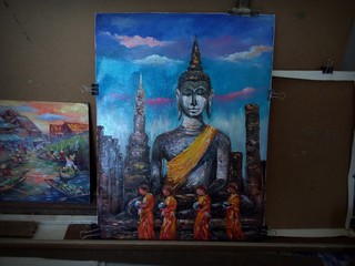 Art painting Acrylic color   thai  Buddha statue   ,  art supply 
