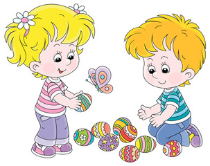 Happy and merry little children collecting colorfully painted and decorated eggs after an Easter egg hunt on a spring field, vector cartoon illustration on a white background