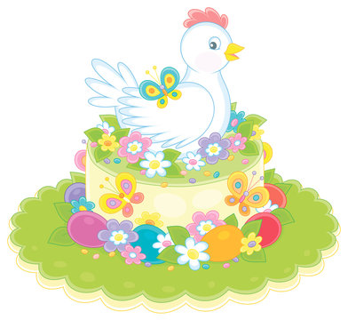 Fancy Easter toy hat made like a sweet holiday cake with a cute white hen, painted eggs, colorful flowers and flittering bright butterflies, vector cartoon illustration on a white background