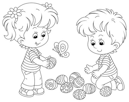 Happy and merry little children collecting decorated eggs after an Easter egg hunt on a spring field, black and white vector cartoon illustration for a coloring book page