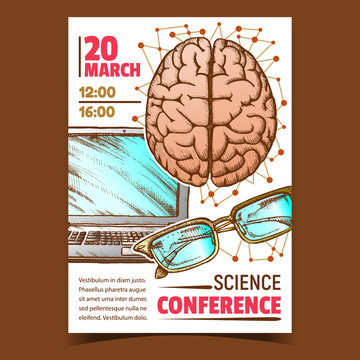 Medicine Science Conference Promo Poster Vector. Human Head Organ Brain Top View, Glasses Spectacles And Laptop Doctor Speaker Anatomy Lessons Tools. Designed In Retro Style Color Illustration