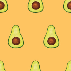 seamless pattern with half avocado with bone hand-drawn on a light orange background. Raster illustration of avocado in realistic style.