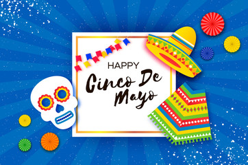 Cinco De Mayo Banner. Mexican skull. Sombrero and Poncho. Blue background. Space for text.