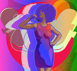 Afro hair style woman sings. Psyhodelic colorful background. Jazz and soul music theme. Comics style vector image