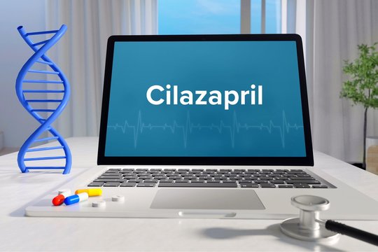 Cilazapril – Medicine/health. Computer in the office with term on the screen. Science/healthcare