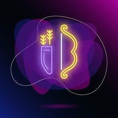Quiver and bow neon sign. Glowing neon bow and arrows on brick wall background. Vector illustration can be used for hunting, tales, entertainment