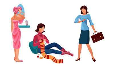 Set of the cute brown-haired girl doing everyday things. Vector illustration in flat cartoon style.