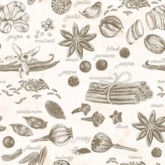 Kitchen seamless pattern with spices, vector hand drawn illustration in vintage style on old background.