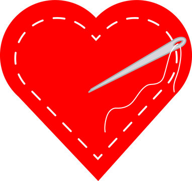 Vector image of textile red heart with white stitching, needle and thread