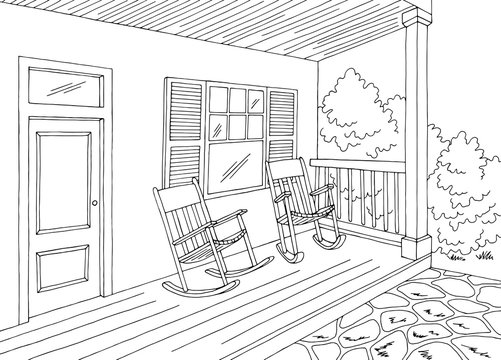 Porch Graphic House Building Black White Sketch Illustration Vector