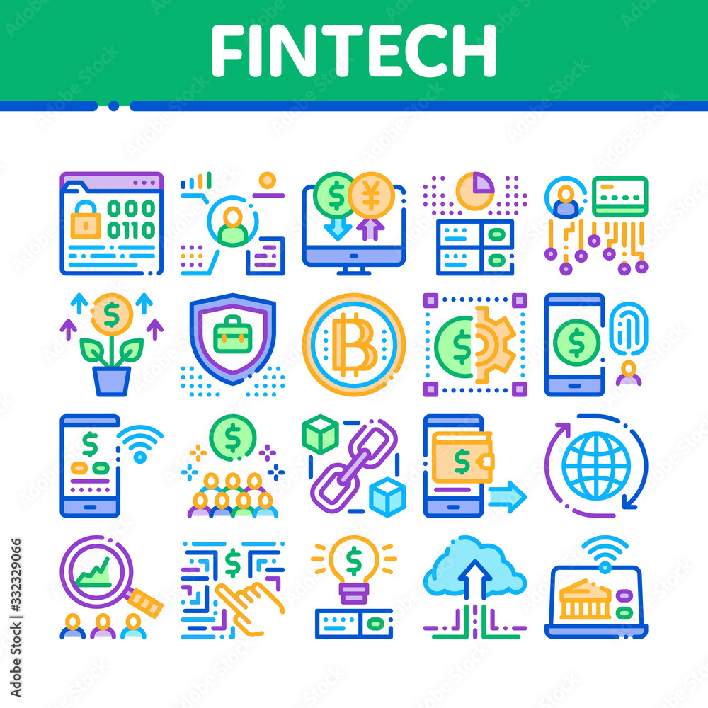 Poster fintech innovation collection icons set vector. bitcoin financial technology, binary code and electr