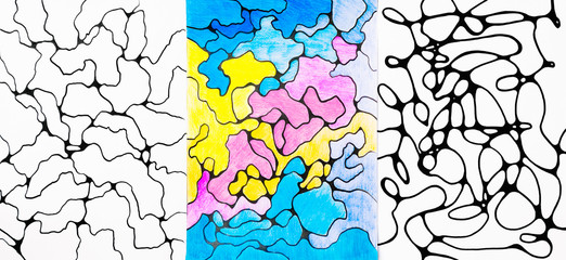 An abstract imaginary picture with a pink, blue, yellow, black colors curves, a psychological art...
