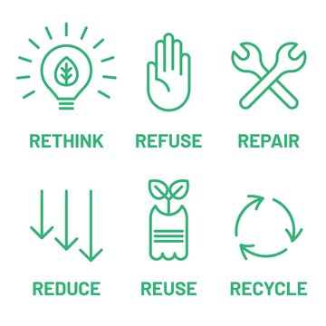 Rethink, Refuse, Repair, Reduce, Reuse, Recycle green icon set. Ecology, zero waste, sustainability,  nature protection, eco friendly concept.