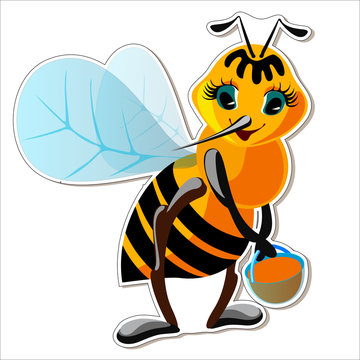Vector sticker cartoon bee character with a bucket of honey. A joyful image of a bee is a print for any children's clothing, illustration of books, postcards.