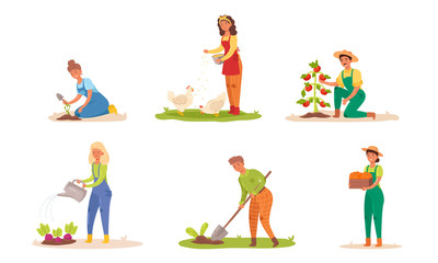 Set of gardeners working on the farm. Vector illustration in flat cartoon style.