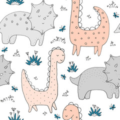 Seamless texture with funny dinosaurs and hand drawn elements.