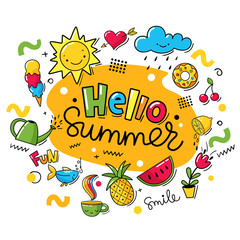 Summer vector card design with summer symbols and text