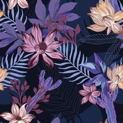 Materiał do szycia Night illustration flowers plants seamless black background
