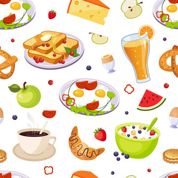 Breakfast Food Seamless Pattern, Design Element Can Be Used for Website, Cooking Book, Restaurant Menu, Wrapping Paper Vector Illustration
