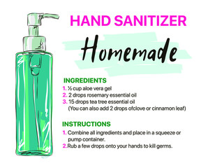 Homemade Hand Sanitizer Recipes, How to Use Hand Sanitizer Infographic, Wash Hands Step by Step and How to Use Hand Sanitizer