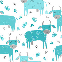 Seamless texture with funny cows and hand drawn elements.