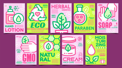 Natural Cosmetics Advertising Posters Set Vector. Eco Friendly And Herbal, Paraben And Gmo Free Cosmetics. Package With Hygiene Skincare Cream Concept Template Stylish Color Illustrations