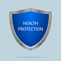 Shield with inscription. Object with blue and silver. Health protection. Vector illustration design. Safety life.