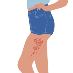 Female legs in jeans and a tattoo. Rose tattoo. Drawn vector illustration.