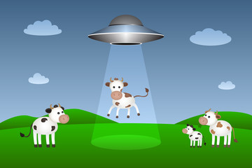 Flying saucer abducts cow. Vector illustration.