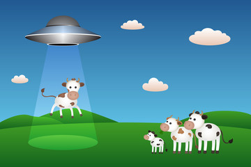 UFO abducts cow. Vector illustration.