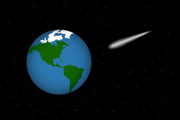 Planet Earth and comet. Space disaster. Vector illustration.