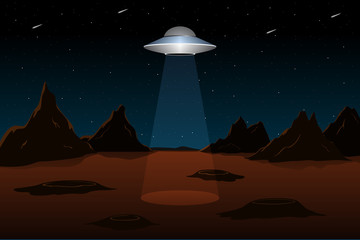 Flying saucer above planet Mars. Vector illustration.