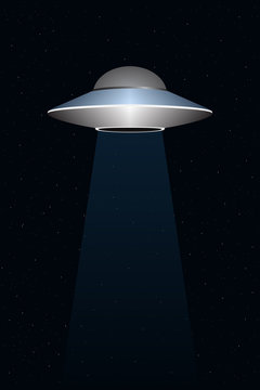 Flying saucer in sky. Alien spaceship. Vector illustration.